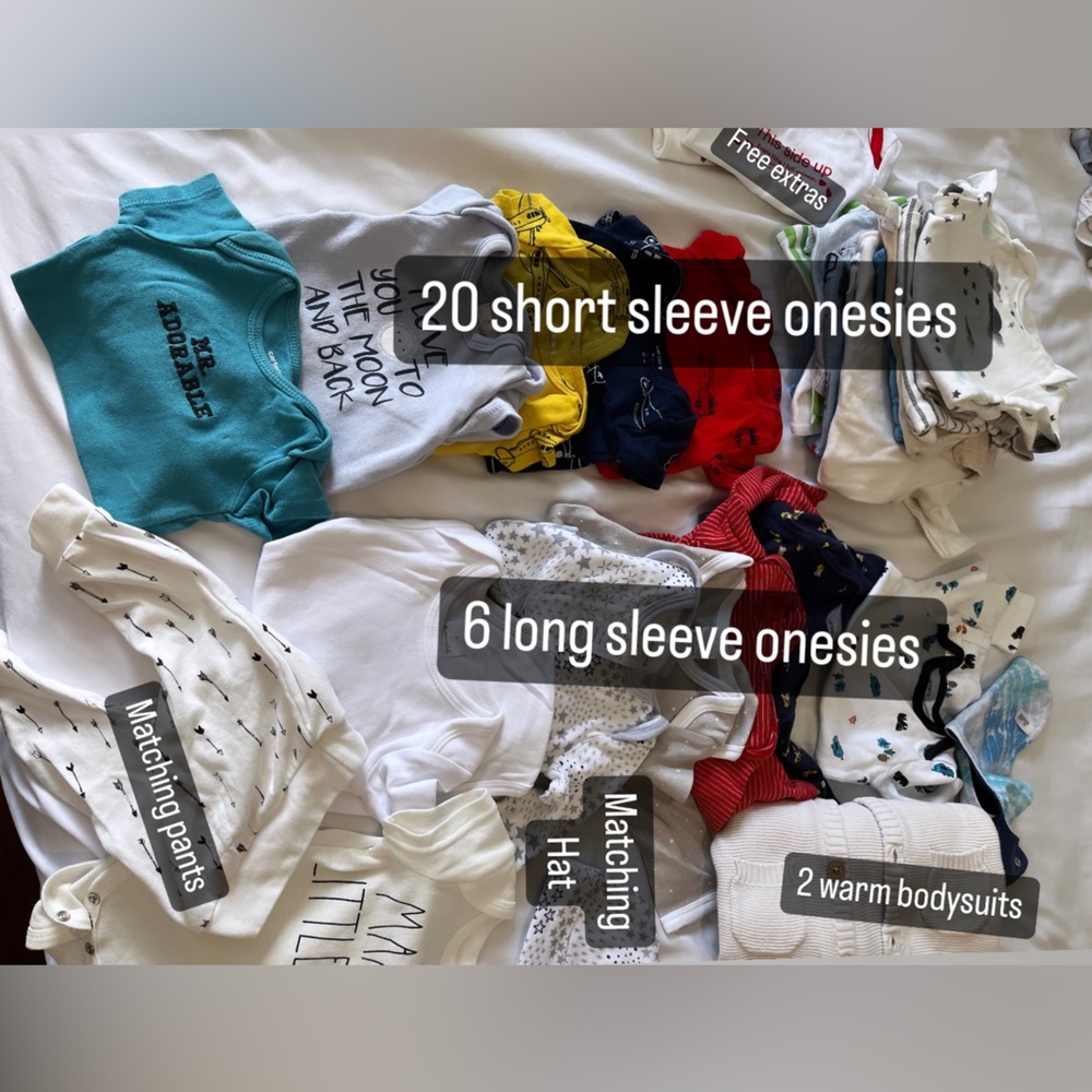 Huge bundle of 0-3 months clothes: onesies , footies galore. At least 30+ items